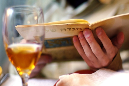 Person at a seder table reading haggadah; glass of wine in foreground